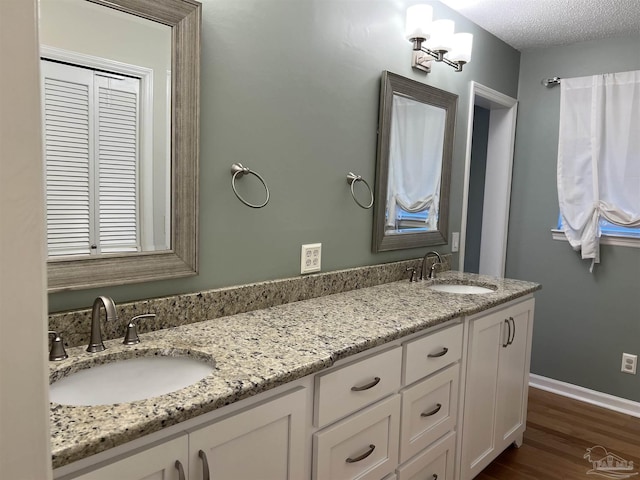 bathroom featuring double vanity, baseboards, a sink, and wood finished floors