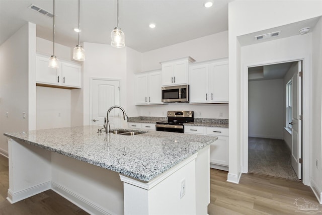 kitchen featuring appliances with stainless steel finishes, white cabinets, pendant lighting, sink, and a kitchen island with sink