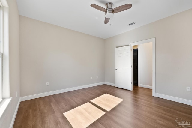 unfurnished bedroom with hardwood / wood-style flooring and ceiling fan