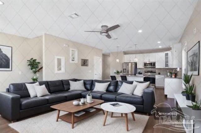 living room with ceiling fan