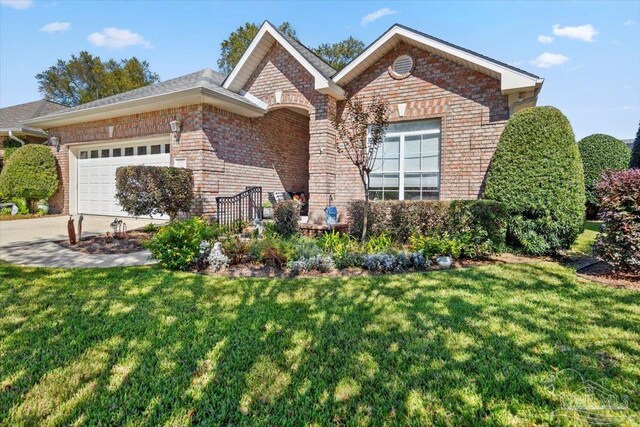 view of front of house with a front yard and a garage