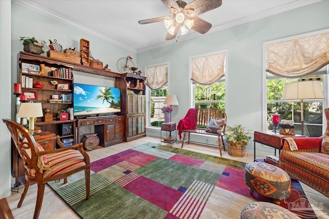 living room featuring crown molding, light tile patterned floors, and ceiling fan