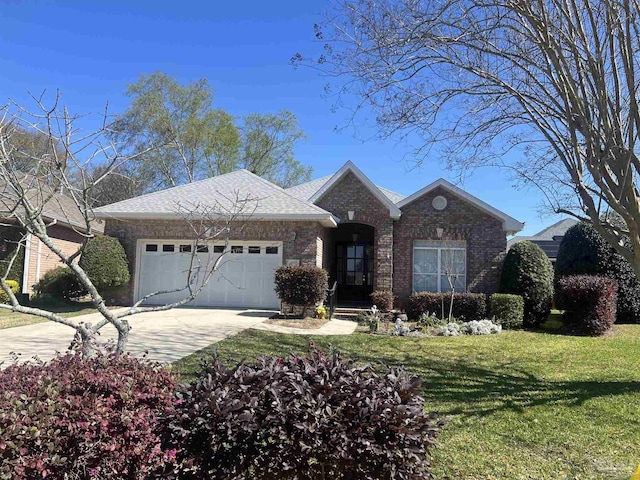 single story home with brick siding, driveway, a front lawn, and a garage