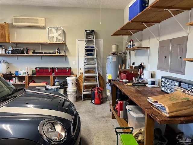 garage with water heater, electric panel, an AC wall unit, and a workshop area