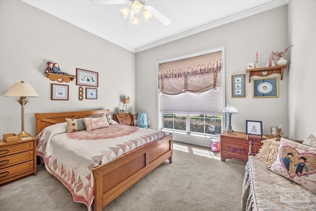 bedroom with ceiling fan, crown molding, and light colored carpet