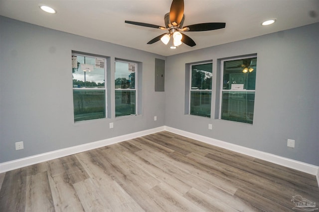 empty room with ceiling fan, electric panel, and light hardwood / wood-style flooring