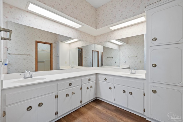 bathroom with hardwood / wood-style flooring and vanity