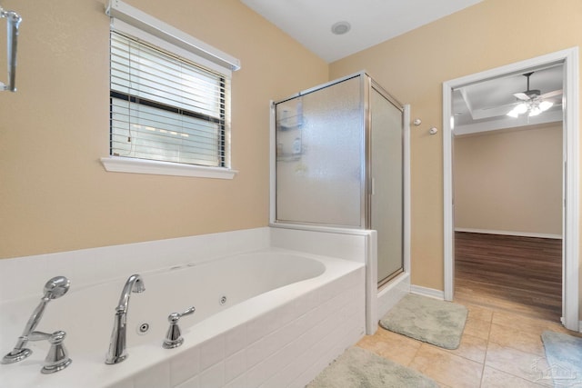 bathroom with ceiling fan, shower with separate bathtub, and tile patterned floors