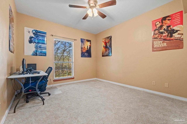 office area featuring ceiling fan and carpet flooring