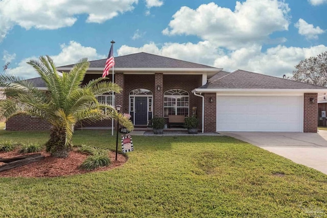 view of front of property with a garage and a front lawn