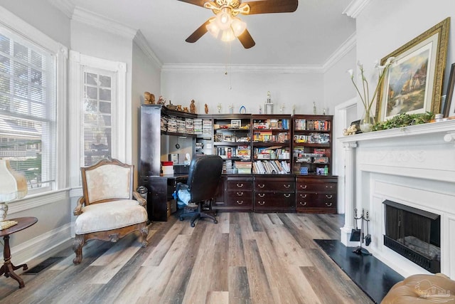 office area with ceiling fan, light hardwood / wood-style flooring, and ornamental molding