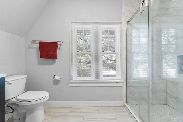 bathroom featuring lofted ceiling, toilet, and an enclosed shower