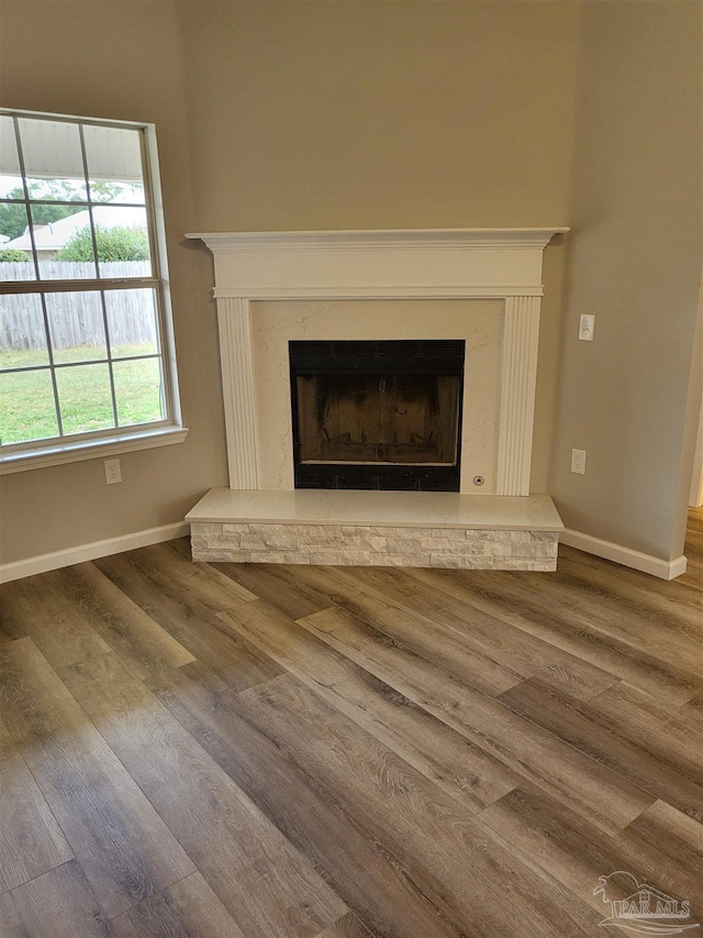 interior details featuring hardwood / wood-style floors and a fireplace