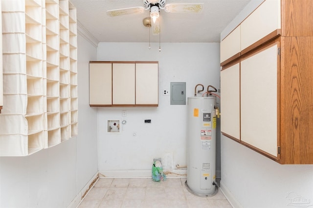 washroom with cabinets, electric panel, hookup for a washing machine, electric dryer hookup, and water heater