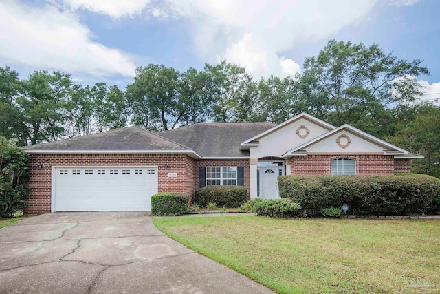 ranch-style home featuring a garage and a front lawn