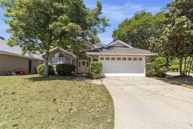 single story home with a garage and a front lawn