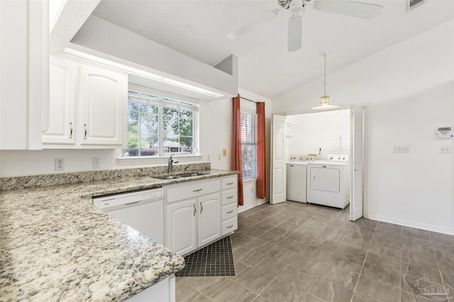 kitchen featuring white cabinetry, independent washer and dryer, dishwasher, and sink