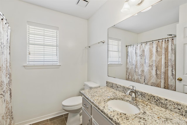 bathroom with vanity, tile patterned flooring, and toilet