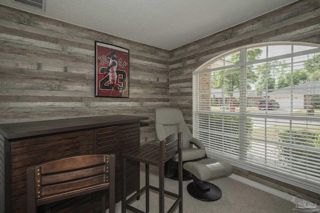 sitting room with wooden walls, baseboards, visible vents, and carpet floors