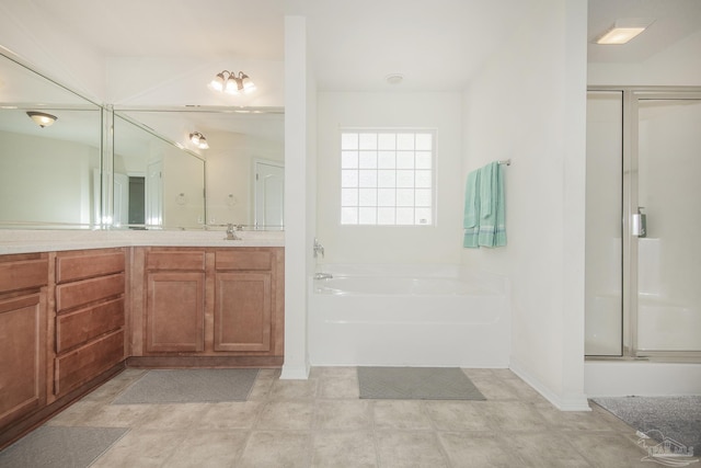 full bathroom featuring a garden tub, baseboards, vanity, and a shower stall