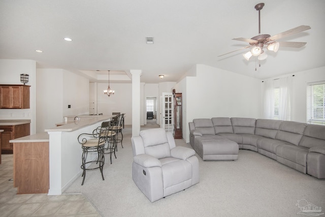 living area featuring recessed lighting, ceiling fan, and light colored carpet