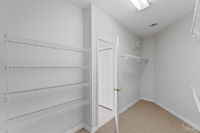 walk in closet with light carpet