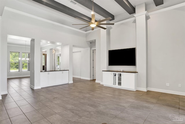 5936 Huntington Creek Blvd, Pensacola, FL 32526 - unfurnished living room with a ceiling fan, beamed ceiling, and ornamental molding