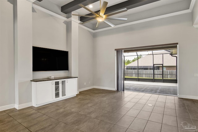5936 Huntington Creek Blvd, Pensacola, FL 32526 - unfurnished living room featuring ceiling fan, tile patterned flooring, beamed ceiling, crown molding, and a towering ceiling