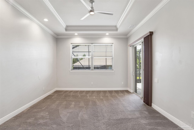 5936 Huntington Creek Blvd, Pensacola, FL 32526 - unfurnished room with carpet flooring, a tray ceiling, a ceiling fan, ornamental molding, and recessed lighting