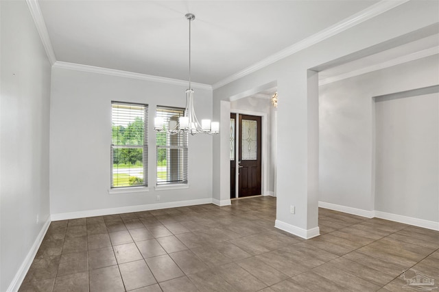 5936 Huntington Creek Blvd, Pensacola, FL 32526 - unfurnished dining area featuring ornamental molding, a chandelier, and tile patterned flooring