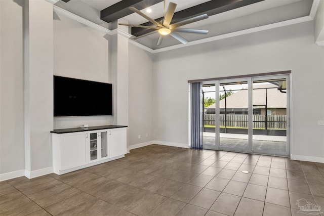 5936 Huntington Creek Blvd, Pensacola, FL 32526 - unfurnished living room featuring a ceiling fan, tile patterned flooring, beam ceiling, a high ceiling, and ornamental molding