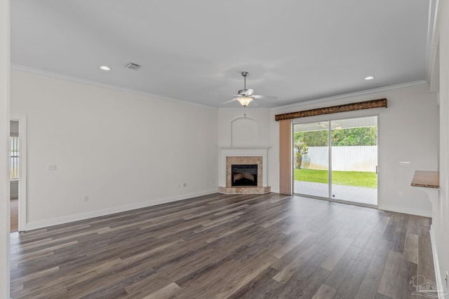2006 Costa Verde Ct, Navarre, FL 32566 - unfurnished living room with dark wood-type flooring, ceiling fan, a high end fireplace, baseboards, and ornamental molding