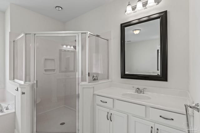 2006 Costa Verde Ct, Navarre, FL 32566 - bathroom featuring vanity, a shower stall, a bath, and tile patterned floors