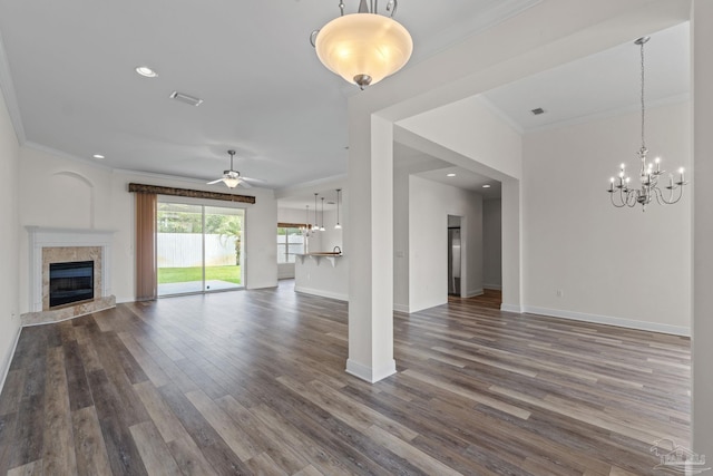 2006 Costa Verde Ct, Navarre, FL 32566 - unfurnished living room with a ceiling fan, a chandelier, a fireplace, crown molding, and baseboards