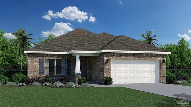 4690 Sago Palm Cir, Pace, FL 32571 - view of front of property featuring a garage, a front yard, concrete driveway, and stone siding