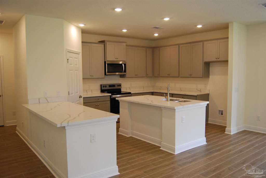 4690 Sago Palm Cir, Pace, FL 32571 - kitchen featuring stainless steel appliances, a sink, dark wood finished floors, light stone countertops, and a peninsula