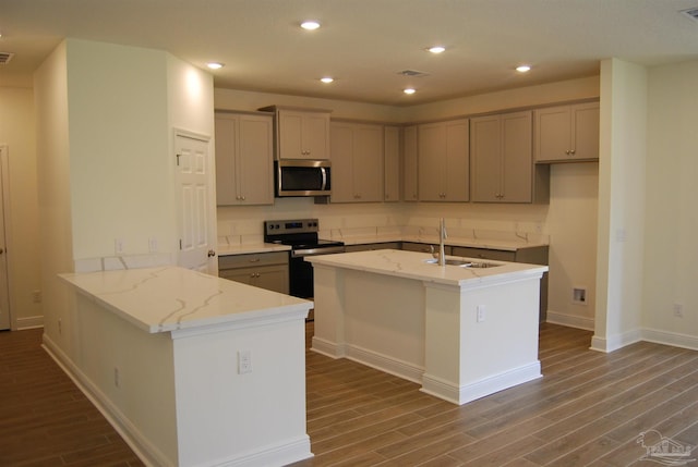 4690 Sago Palm Cir, Pace, FL 32571 - kitchen featuring stainless steel appliances, a sink, dark wood finished floors, light stone countertops, and a peninsula