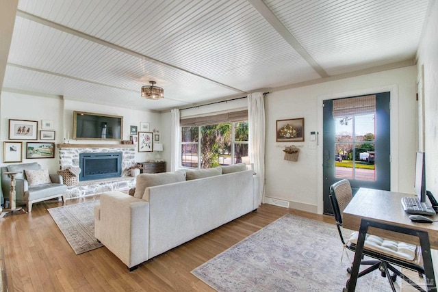 living room featuring a stone fireplace, wood finished floors, baseboards, and a healthy amount of sunlight