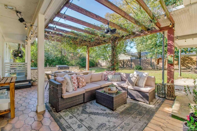 view of patio / terrace with a pergola, outdoor lounge area, and a fenced backyard