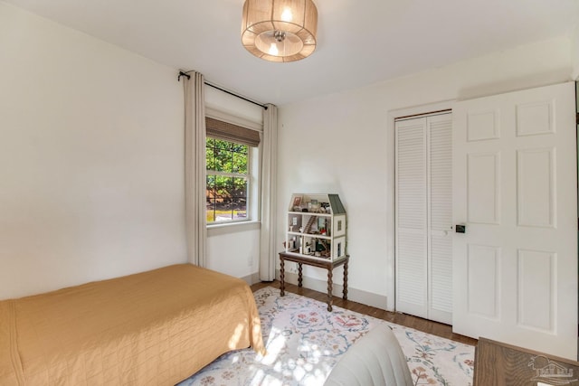 bedroom with wood finished floors and a closet