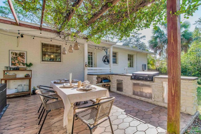 view of patio / terrace with area for grilling, a grill, outdoor dining space, and a sink