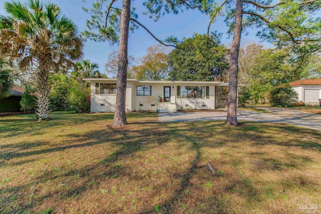 single story home with crawl space and a front yard