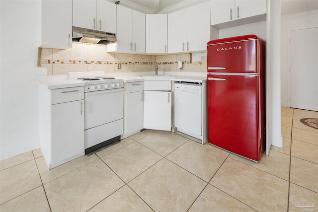 kitchen with white cabinetry, sink, white appliances, decorative backsplash, and ornamental molding