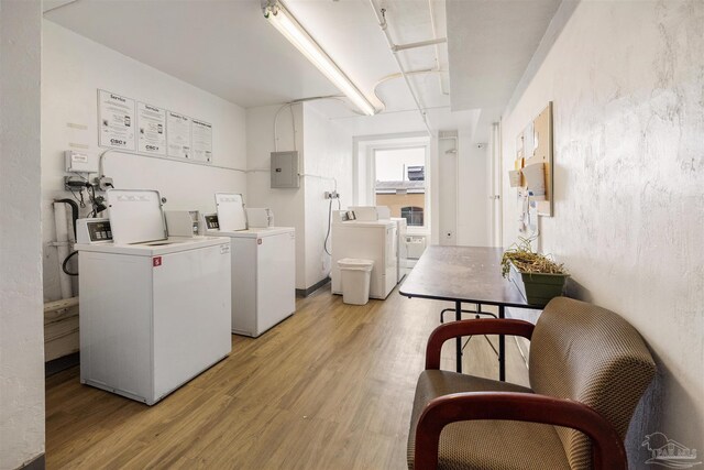 laundry room with electric panel, light hardwood / wood-style flooring, and washer and clothes dryer