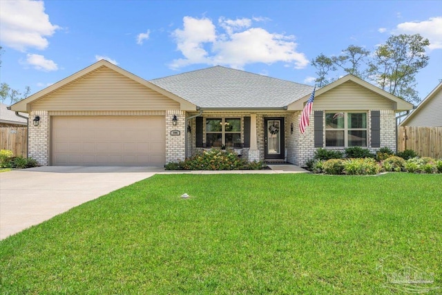 ranch-style home with a garage, brick siding, and concrete driveway