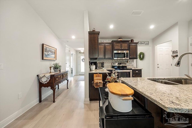 kitchen featuring appliances with stainless steel finishes, a sink, dark brown cabinets, baseboards, and light wood-style flooring