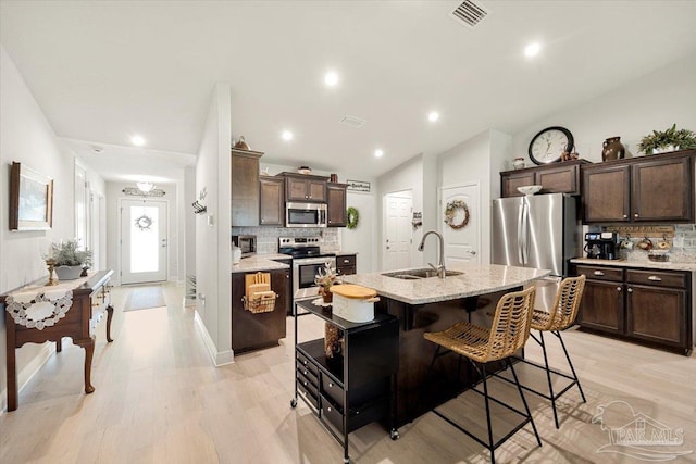 kitchen with appliances with stainless steel finishes, a sink, backsplash, dark brown cabinetry, and a center island with sink