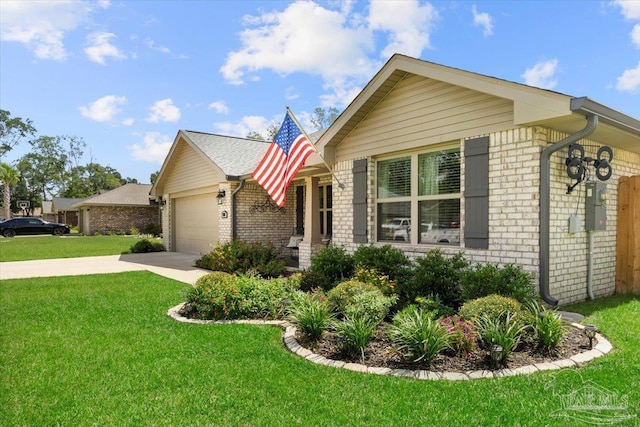 ranch-style home featuring brick siding, a garage, driveway, and a front yard