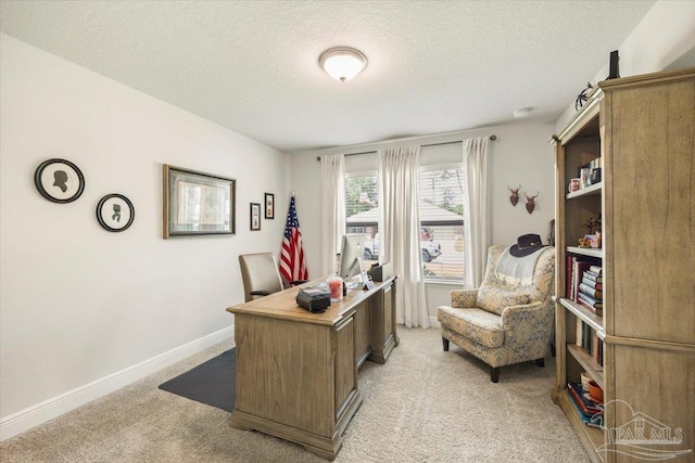 office with light carpet, a textured ceiling, and baseboards