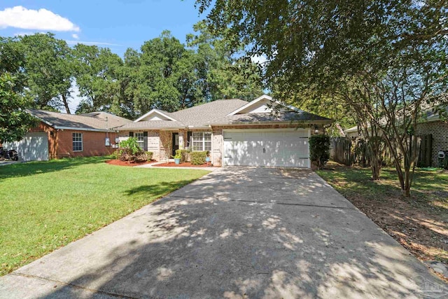 ranch-style house with a garage and a front yard